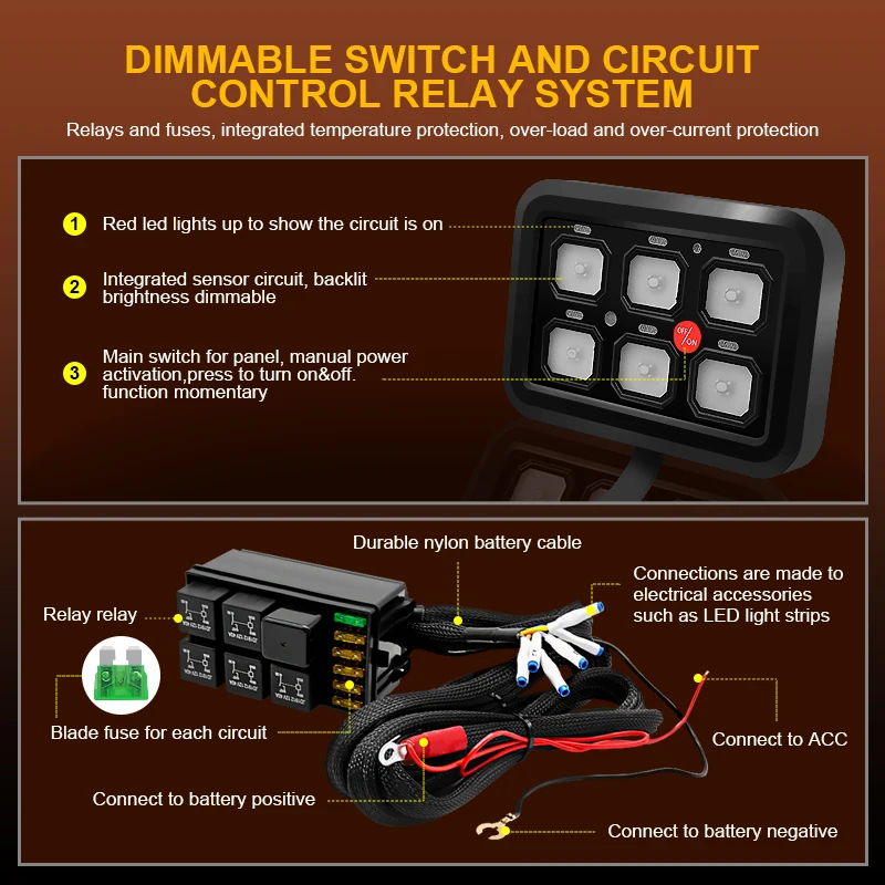 Universal Car LED Light 6 Gang Switch Panel ON OFF Fused Control Power System Electronic Relay System for Jeep Wrangler UTV Boat