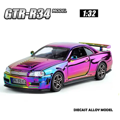 Nissan Skyline GTR-R34 – modèle de voiture de Sport galvanisé 1:32, son et lumière, véhicule jouet moulé sous pression, cadeau pour enfants garçons, Voiture Miniature