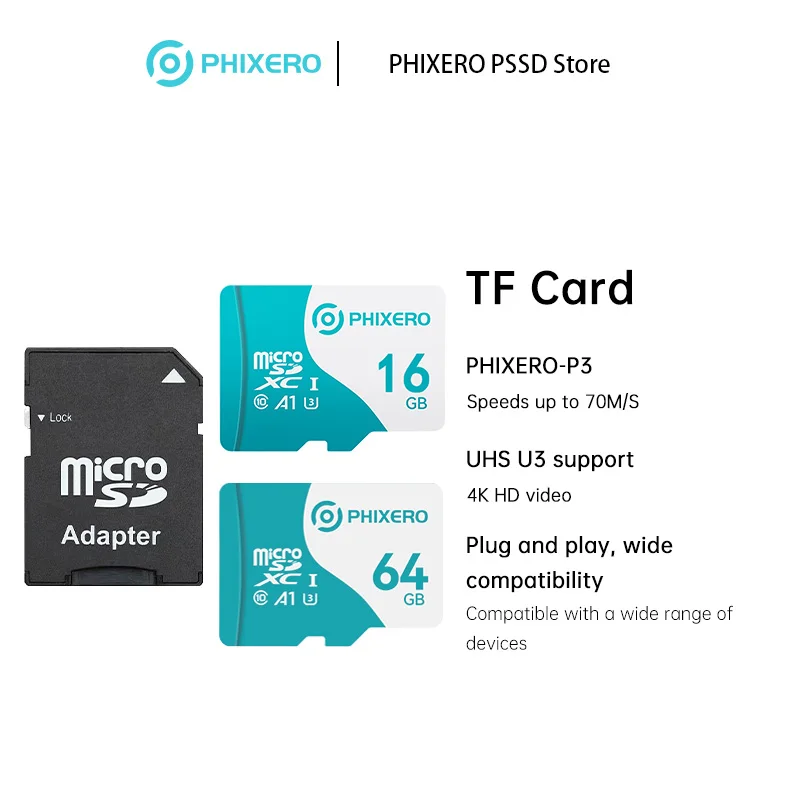 بطاقة PHIXERO Micro SDXC، A1، V30، UHS-I، U3، فئة 10 سرعة تصل إلى 60 ميجابايت/ثانية 16 جيجابايت 64 جيجابايت للكاميرا/الطائرة بدون طيار/كاميرا داش كام/وحدة تحكم الألعاب