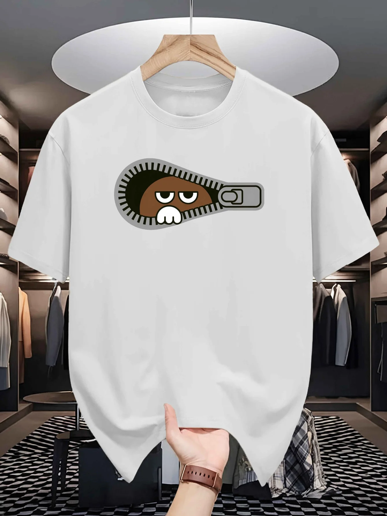 Cartoon Zipper Lazy Face Hidden Character Graphic Mens Crew Neck T Shirt Fun Novelty Print Short Sleeve Casual Cotton Summer Top
