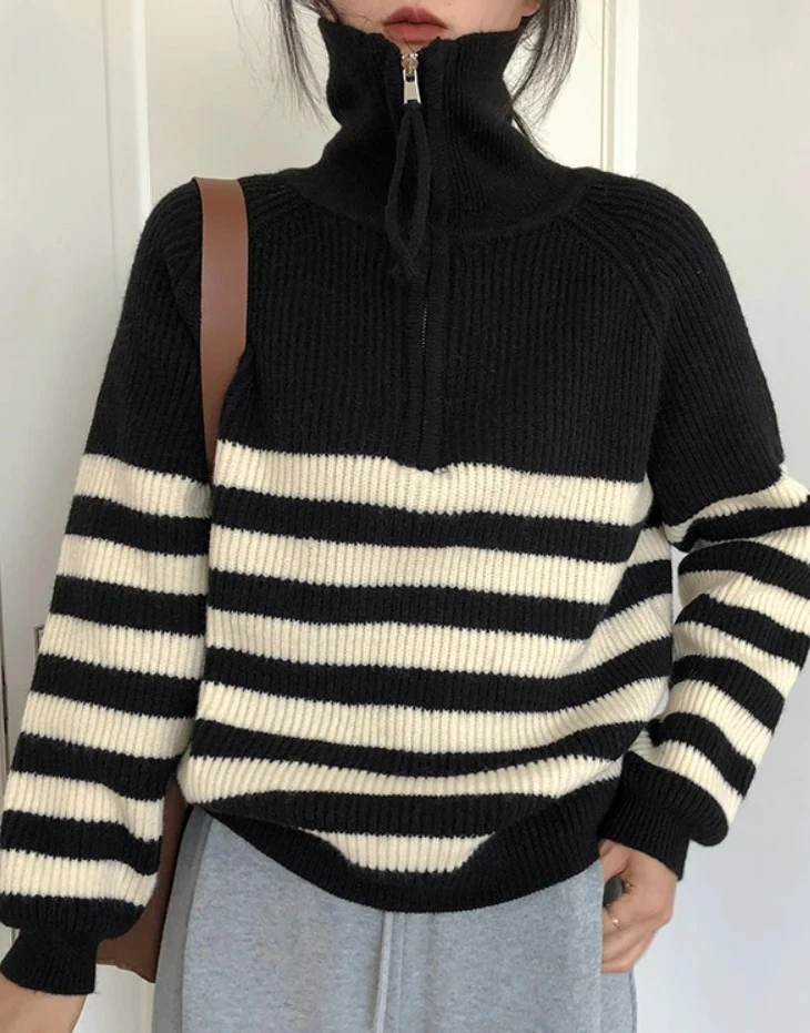 

New Soft Lazy Wind Zipper Striped Sweater with High Pullover Sweater Women Oversized Sweater Sleeve Top Jumper