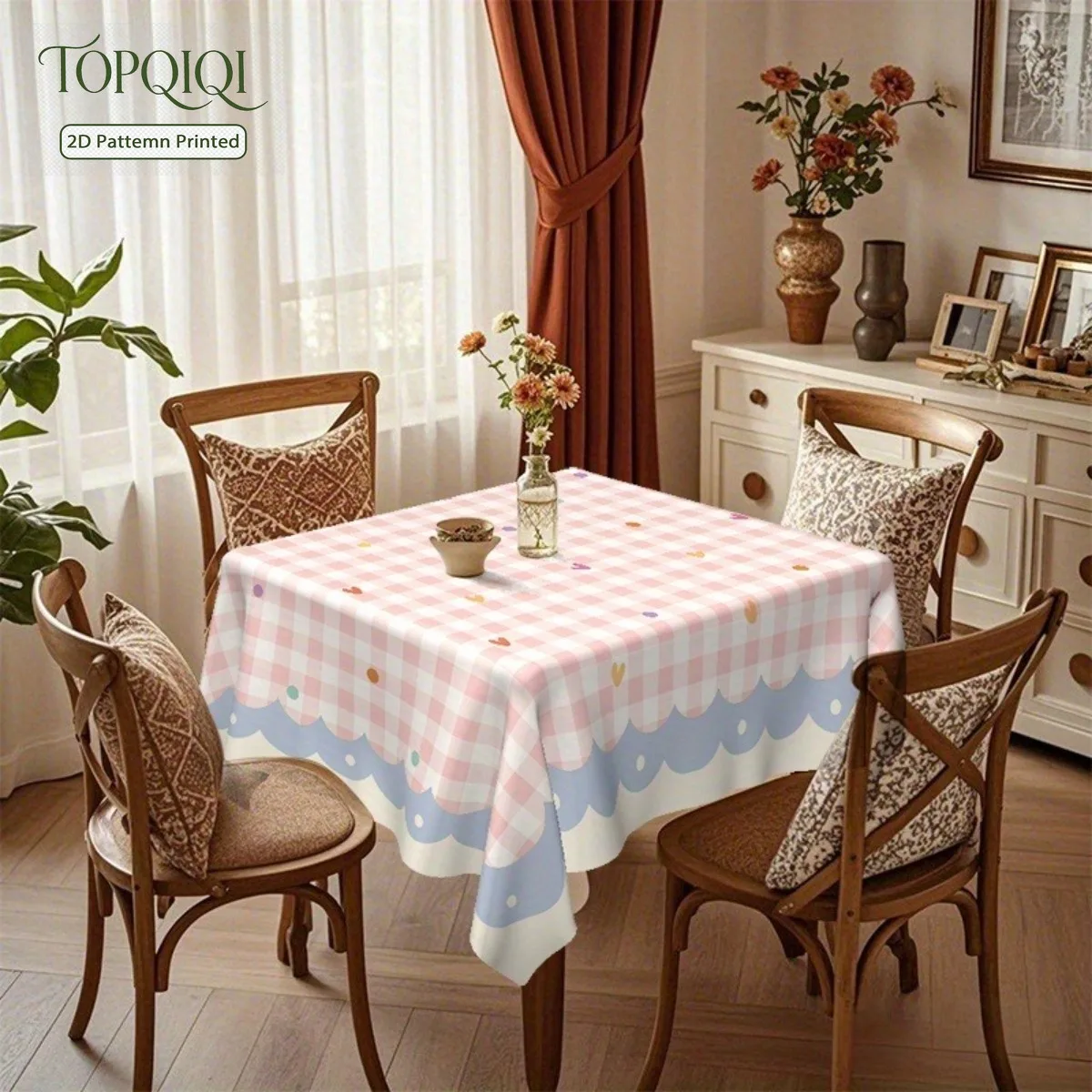 1pc 2D Plane Printing Girly Heart Pink Checkered Tablecloth with Colorful Polka Dots And Hearts, Sweet And Fresh Style Tableclot