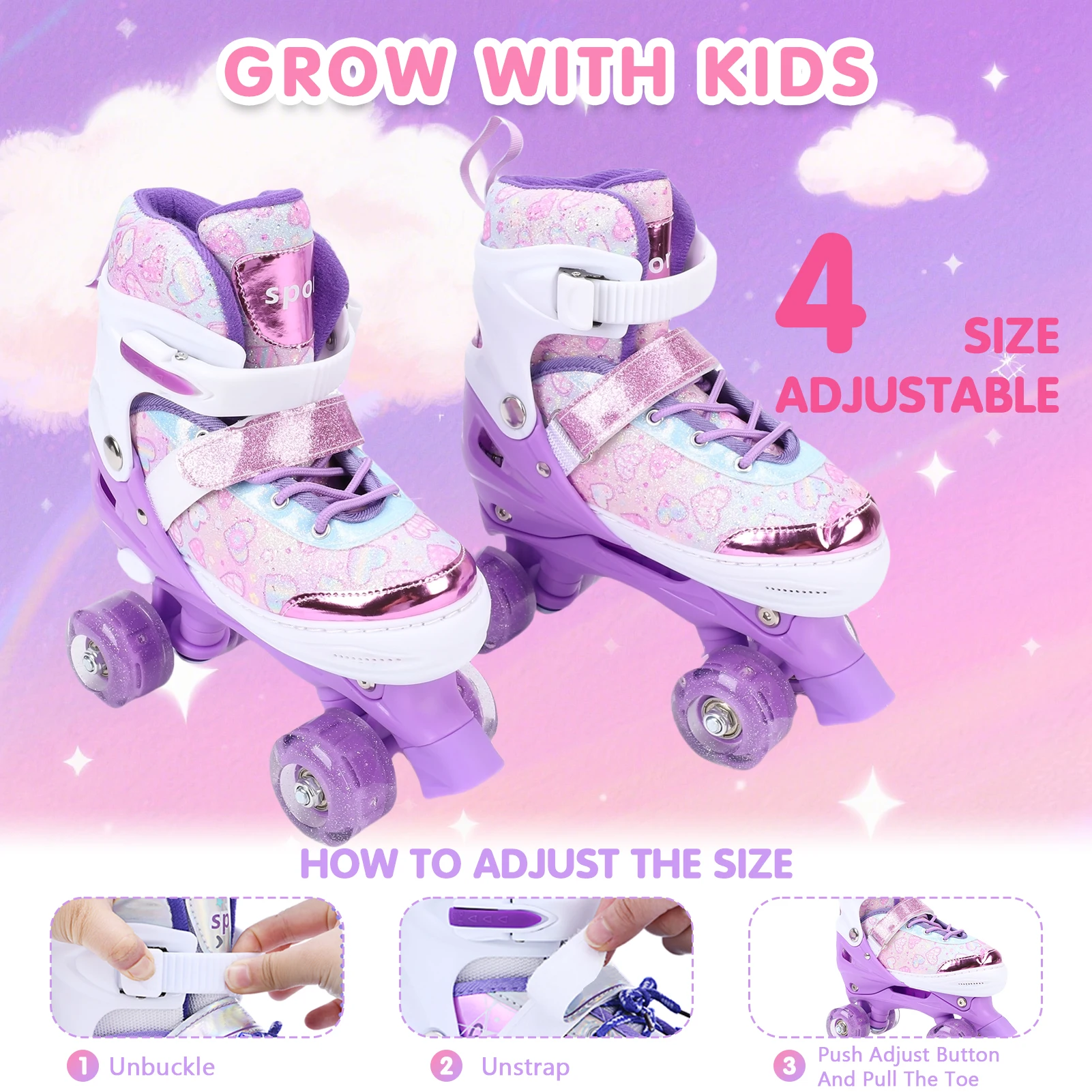 Patins à roulettes pour filles de 6 à 12 ans, 4 tailles réglables, roues lumineuses, roulement ABEC, triple protection pour l'extérieur et l'intérieur