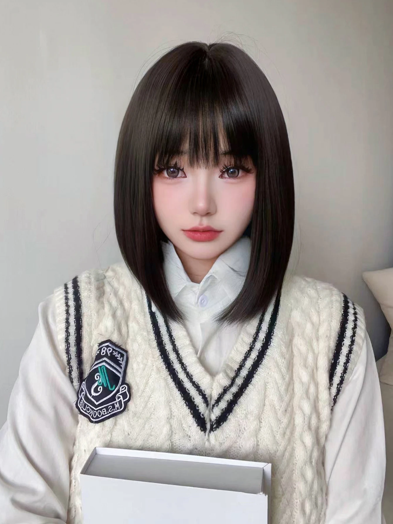 12Inch Tea Black Preppy Style Synthetic Wigs With Bang Short Natural Straight Hair Mechanism Wig For Women Daily Heat Resistant