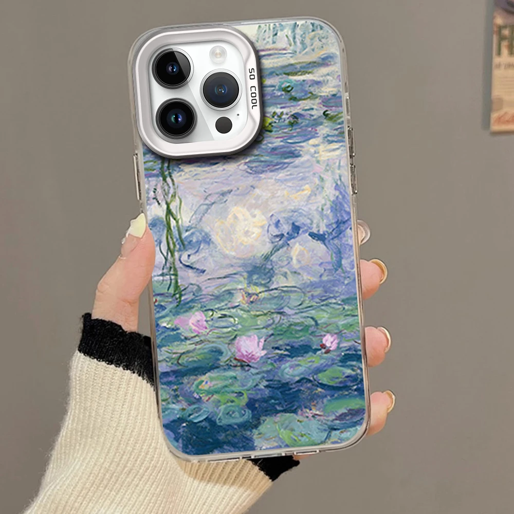 Claude Monet Water Lilies Phone Case For iPhone 16 12 13 14 15 Pro Max Plus Color Electroplated Silver IMD Laser Shell