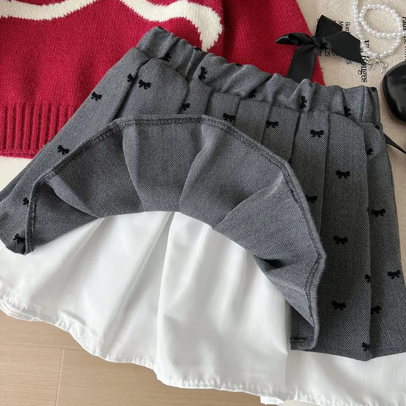 

2025Autumn Girls' Stylish Bow Long Sleeve Sweater Fashion Children's Knitted Top and Skirt Two-Piece Set