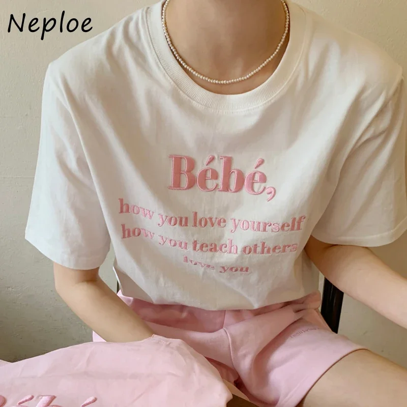 Neploe O Neck Pullover Short Sleeve T Shirt Women Letter Print Loose Causal Tees Summer 2024 New Cotton Ladies Top Multicolor