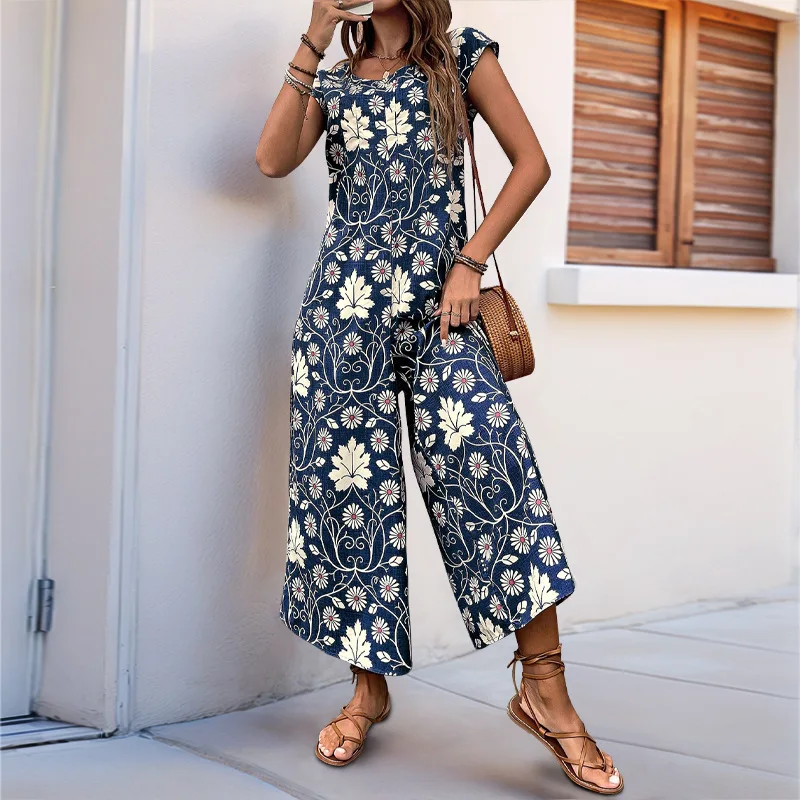 

Chic Summer Jumpsuits Women Short Sleeve Sun Vacation Casual Loose Wide-leg Jumpsuit Retro Style Print Loose Jumpsuit Y2K