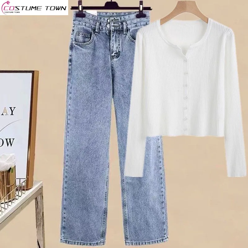 Two Piece Set of 2023 New Spring and Autumn Contrasting Short Knit Sweater+high Waisted and Age Reducing Jeans for Women