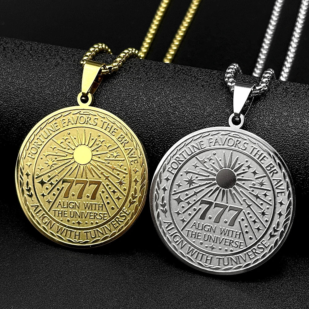 777 Angel Number Fortune Favors The Brave Round Medal Pendant Necklace Stainless Steel Gold Color Spiritual Lucky Chain Jewelry