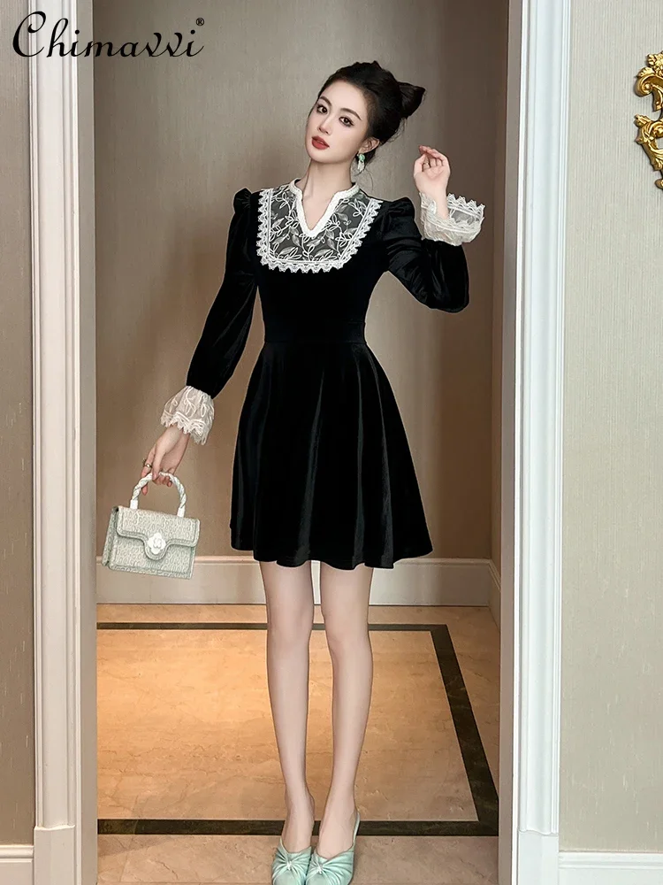 

French Elegant Hepburn Style Lace Splicing V-Neck Long Sleeve High Waist A-line Black Velvet Birthday Short Dresses Women Spring