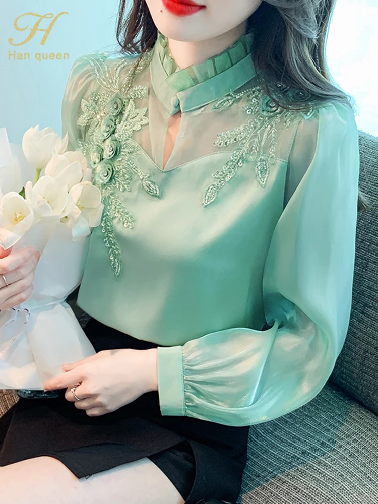 H Han Queen Elegant  Autumn Shirt Embroidery Beads Chiffon Simple Office Blouse Loose Tops Long Sleeve Casual Blouses Women