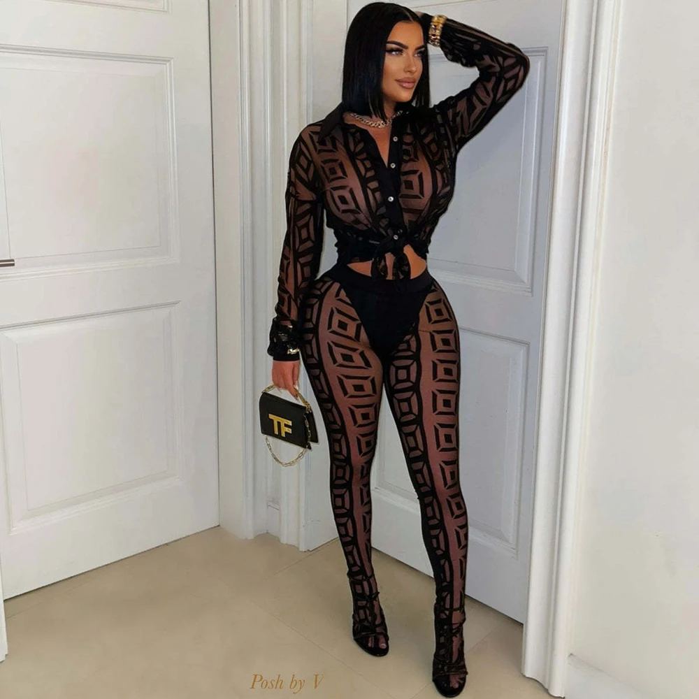 Sexy Mesh See Through Women 2 Piece Outfit Sets 2025 New Female Streetwear Clothing Long Sleeve Crop Top and Skiny Pants Suits