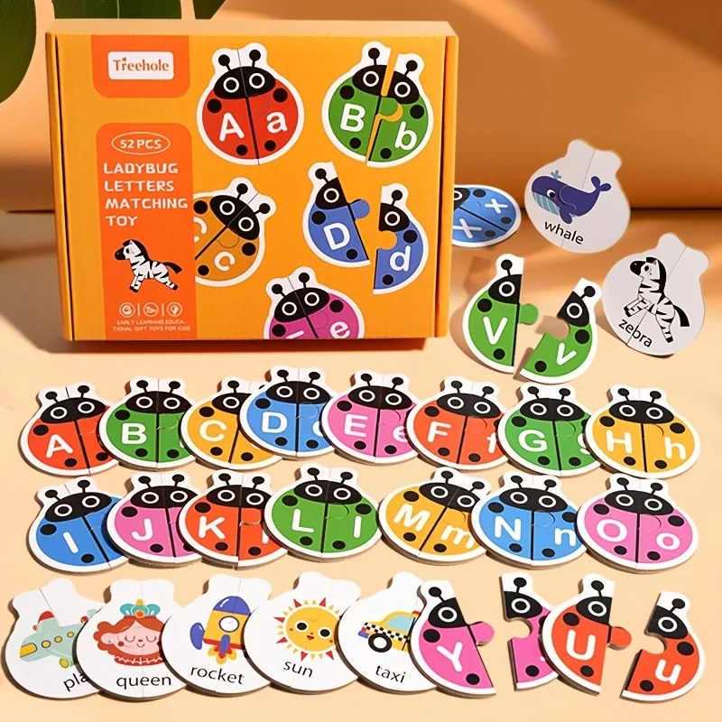 Ladybug Shaped Wooden Alphabet Matching Colorful Letter Animal Pattern Matching Puzzle Toy, Educational Matching Toys for Kids