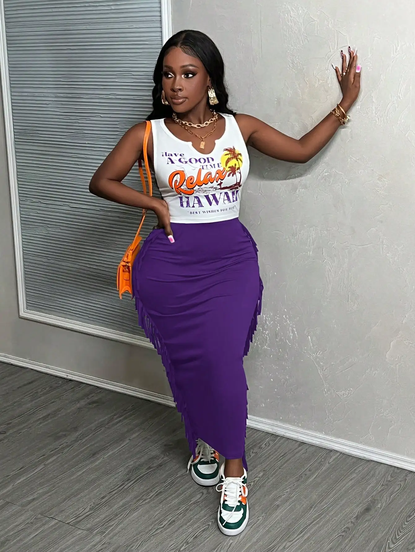 여름 하와이 프린트 탱크탑 & 퍼플 프린지 스커트 여성 투피스 세트