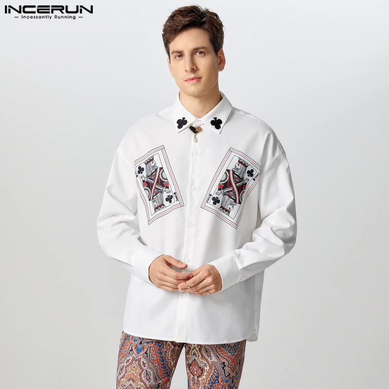 INCERUN Men Handsome Long Sleeve Shirts Poker Printing Loose Chemises 2024 Casual Lapel Collar Elegant Open Up Male Blouses