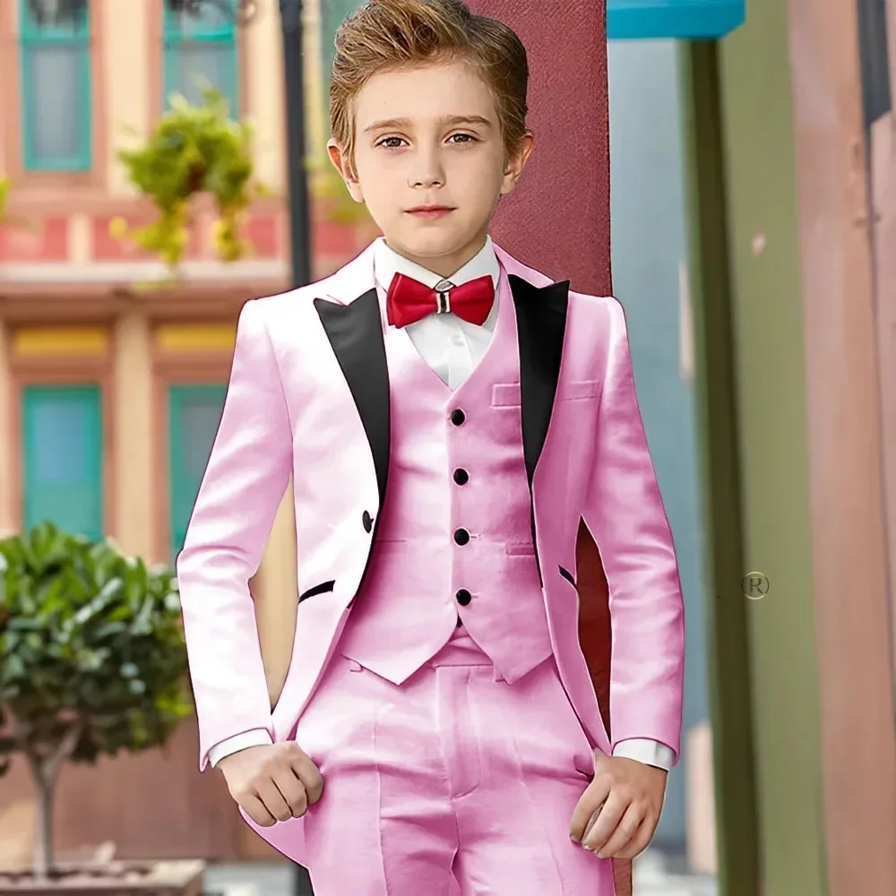 

High-end Pink Solid Boy Suits Elegant Peak Lapel Single Breasted Three Piece Fashion Business Casual Wedding Party Tuxedos