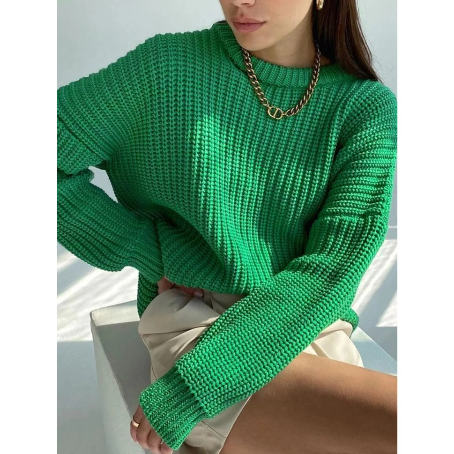 

Long Sleeve Tops Lazy Wind Knitted Women Pullovers New in Spring Autumn Women's Sweater Product Loose Round Neck Solid Color