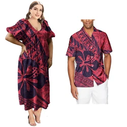 Trendy Women Maxi Hawaiian Dress Match Short Sleeve Shirt Evening Dresses Party Polynesian Vintage Tribal Print Couple 2pcs Set
