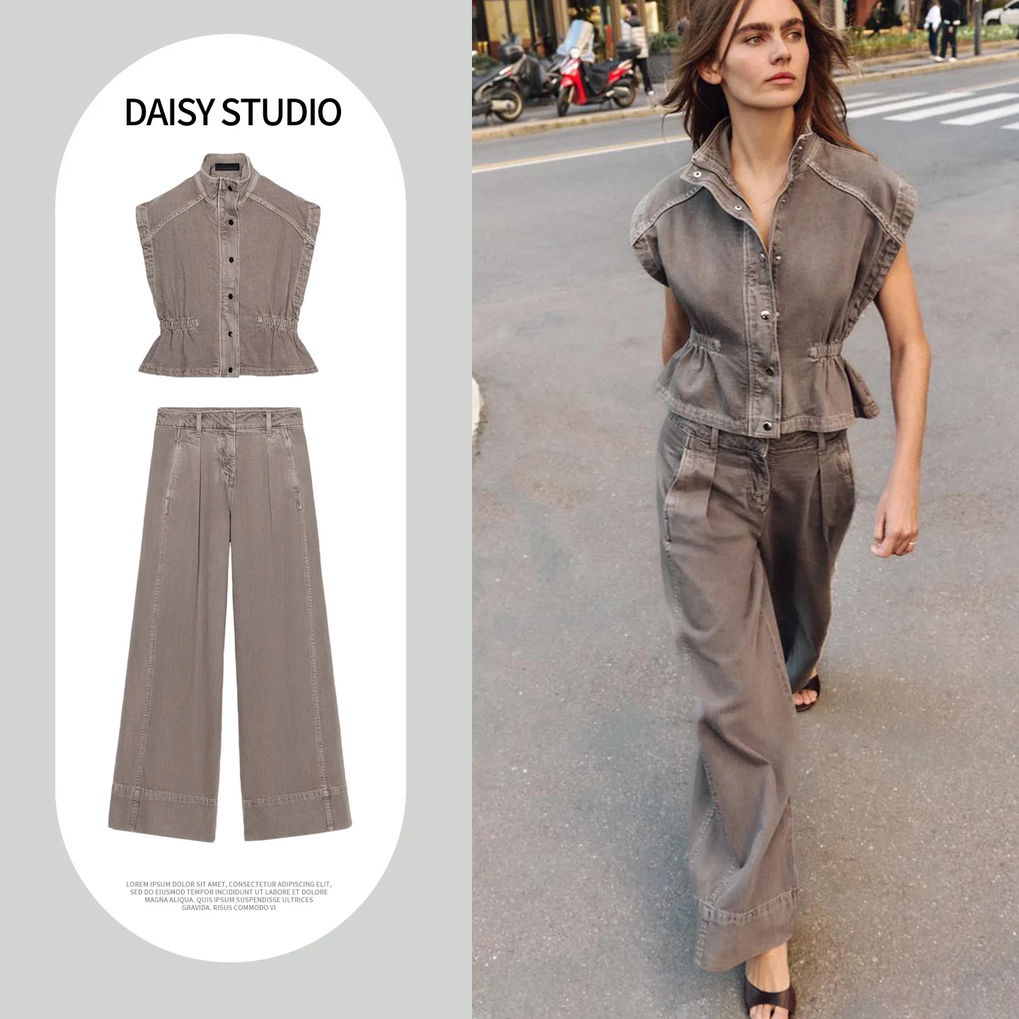 High Collar Sleeveless Elastic Waist Denim Vest Pleated Casual Wide Leg Pants Two Piece Set Spring Fashion Women's Outfit