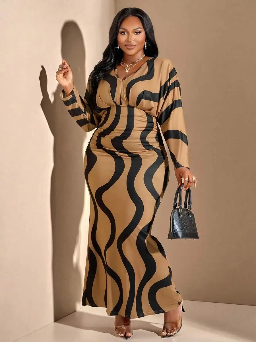 Plus Size Women's Solid Color Waist Pleated Batwing Sleeve Dress, Geometric Pattern Outdoor Clothing