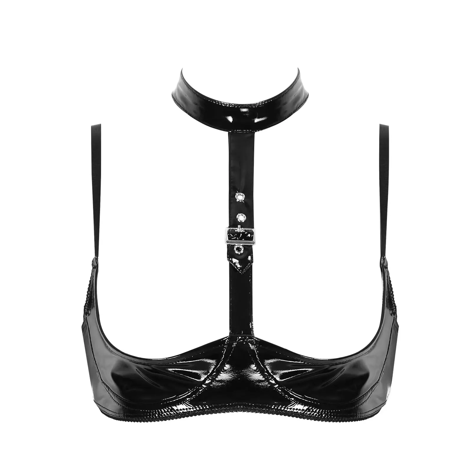 

Women open cup bra with neckline sexy Bra tops Patent Leather Lingerie Halter Neck Adjustable Open Bra Wire-free Shelf Bra Top