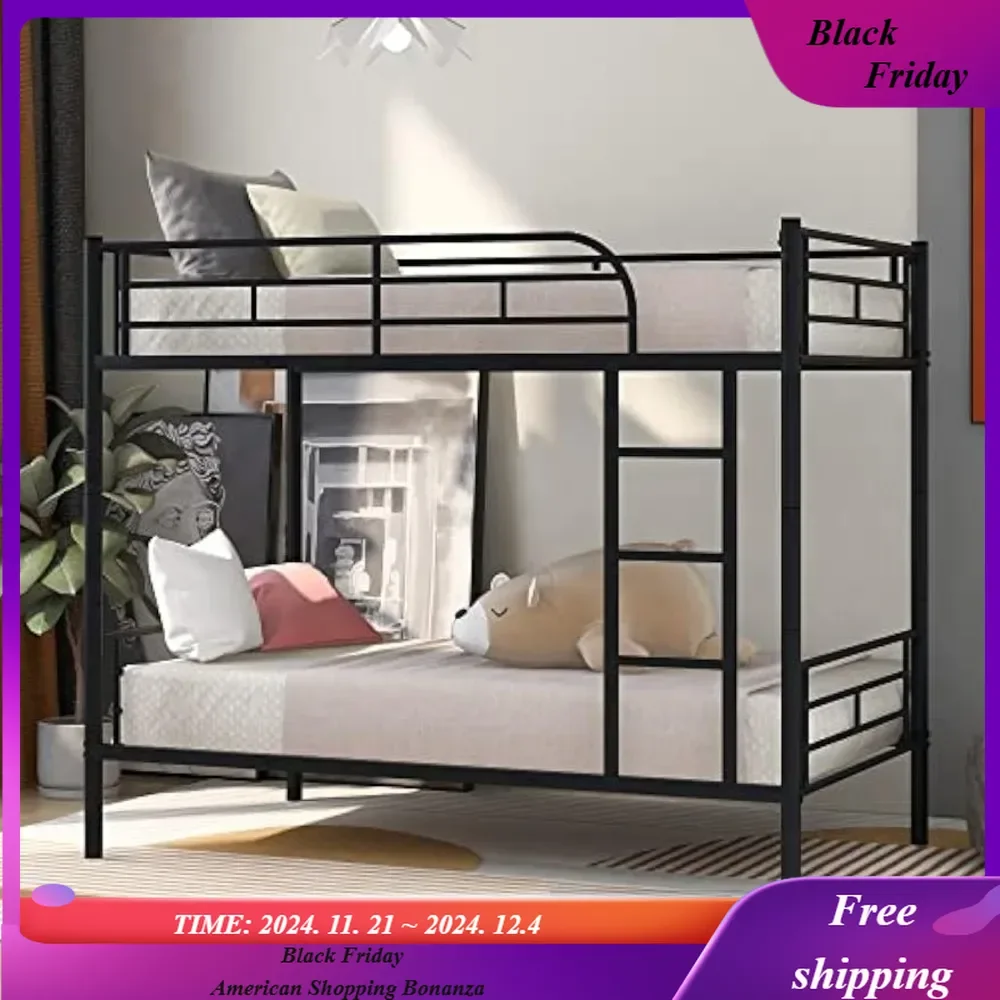 Metal Twin Size Bunk Beds, Twin Over Twin Beds Frame with Stairs, Guardrail, Can be Divided into Two Beds for Boys Girls