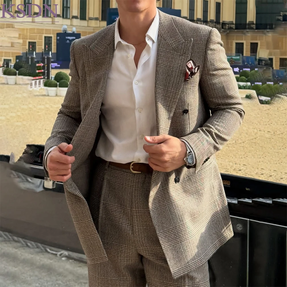 Men's Glen Plaid Double Breasted Suit Peak Lapel Brown Check Two Piece Jacket Pants Wool Blend Smart Casual Blazer Sets