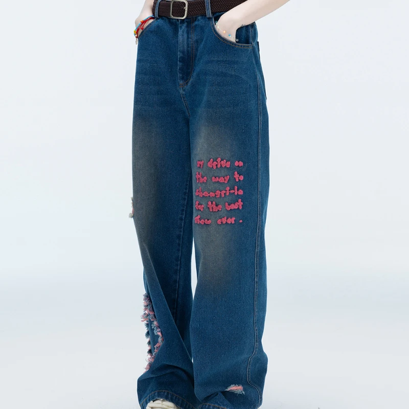 2024 New Casual Embroidery Retro Blue High Waist Skinny Wide Leg Jeans For Women