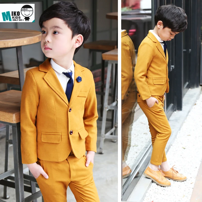 Kids Slim Blazers + Pants 2PCS Party Wedding Suit Flower Boys Orange Dress Children Photography Clothing Set Gentle Prom Costume