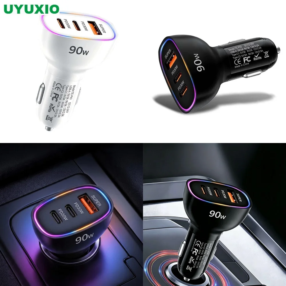 90W Total Output Car Charger 2 PD 30W Type C 1 30W USB A Multi Port Fast Charging RGB Ambient Light Universal 12V 24V Adapter