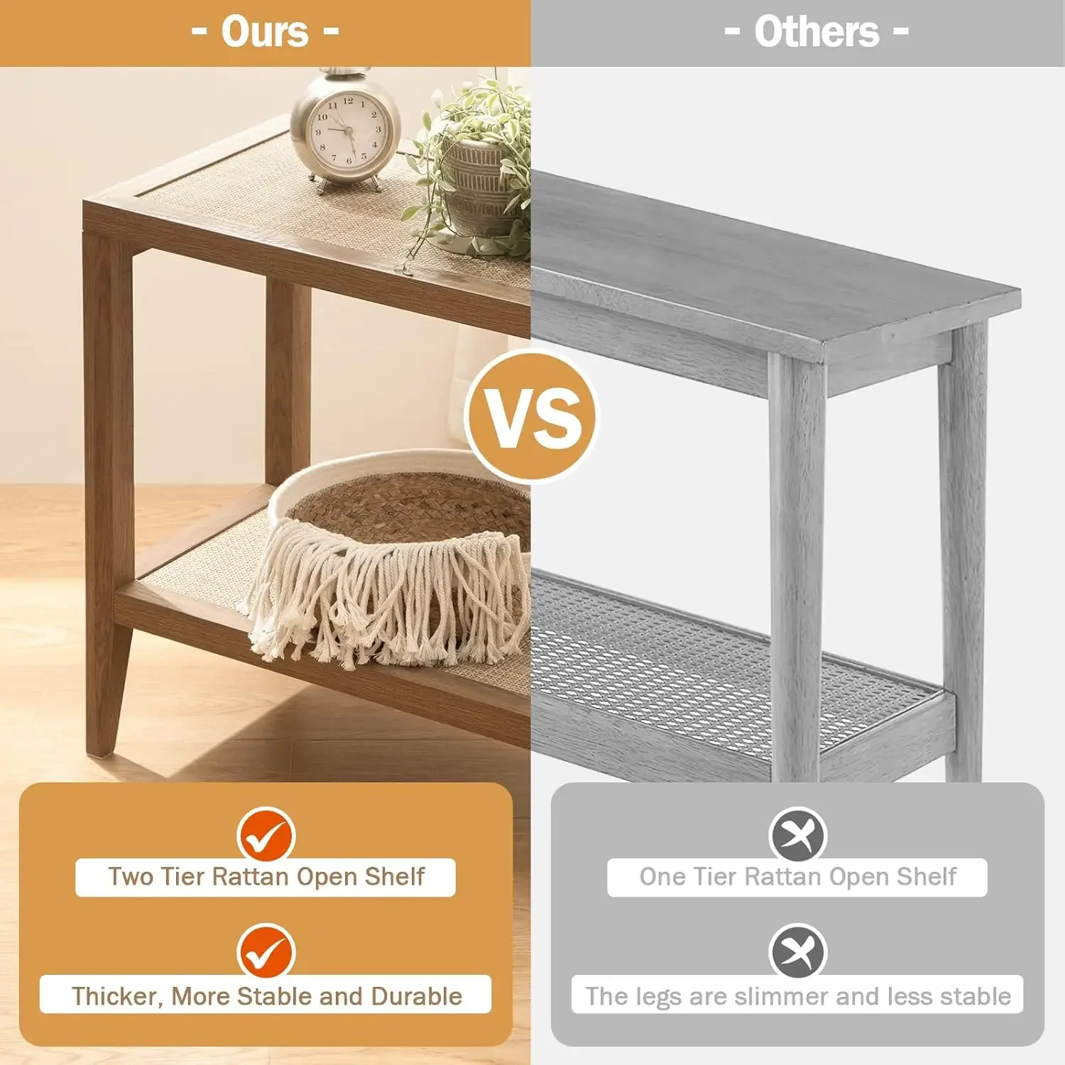 of 2 Bedside Table - Boho Narrow End Table Living Room Set of 2 Side Table with Rattan Storage Sh