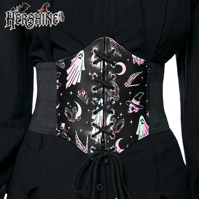 เข็มขัดหกเหลี่ยมพิมพ์ลายผีหลากสีสันสำหรับผู้หญิง HERSHINE 1 ชิ้น สไตล์โกธิค Y2K เหมาะสำหรับชุดเดรสและเครื่องประดับฮาโลวีน