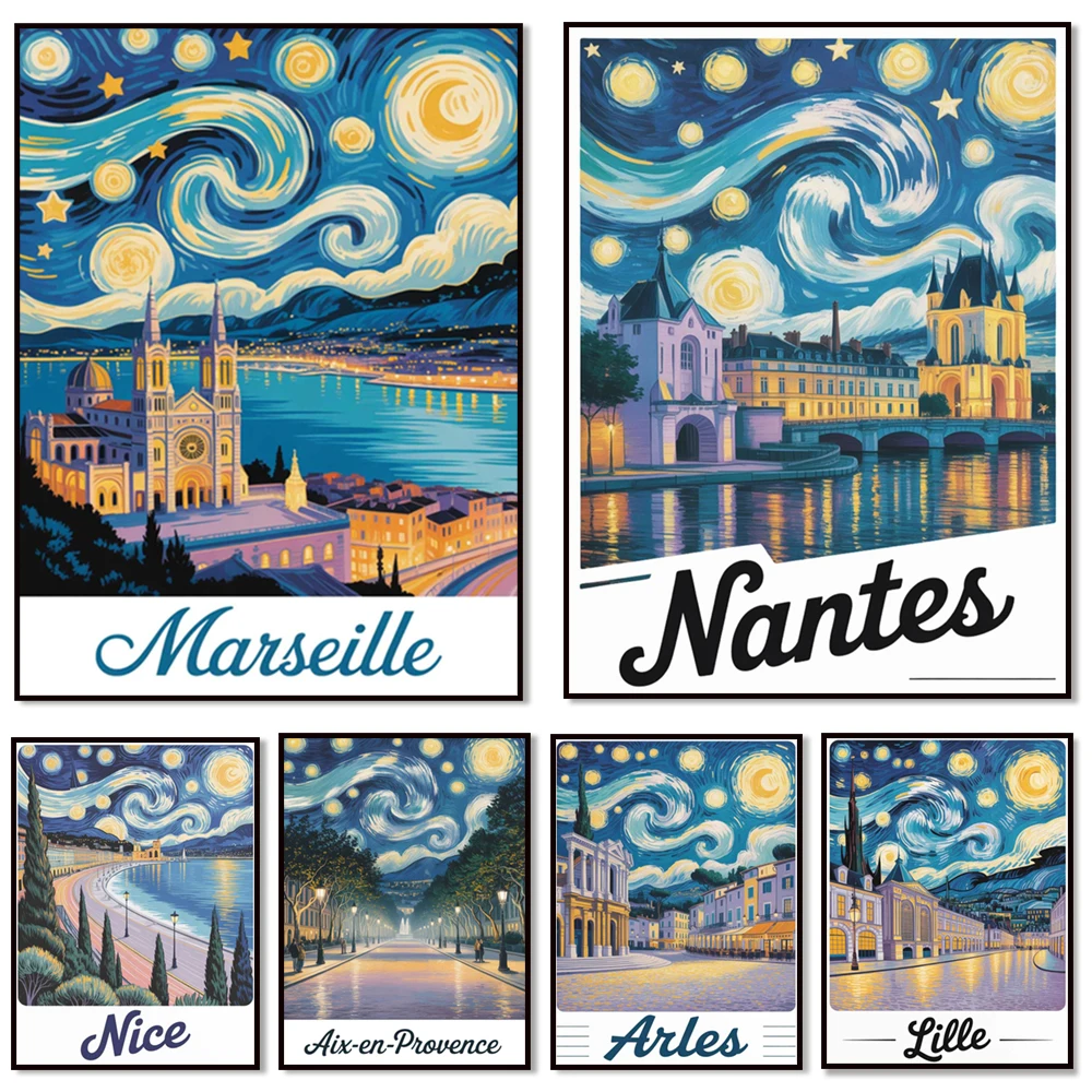 Arles, Paris, Marseille, Lyon, Toulouse, Nantes, Strasbourg, Bordeaux, Nice, Lille Van Gogh style starry night scenery poster