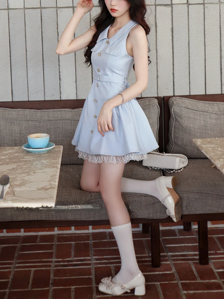 Summer Blue Casual Elegant Dress Women Sleeveless France Vintage Party Mini Dress Female Lace A-line Korean Sweet Dress 2023 New