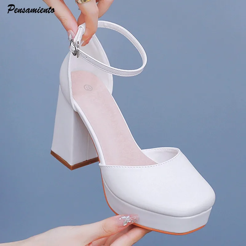 

Fashion Square toe White PU Leather Women Pumps Summer Platform Mary Janes Thick High heels Female Party Dress Chunky Shoes