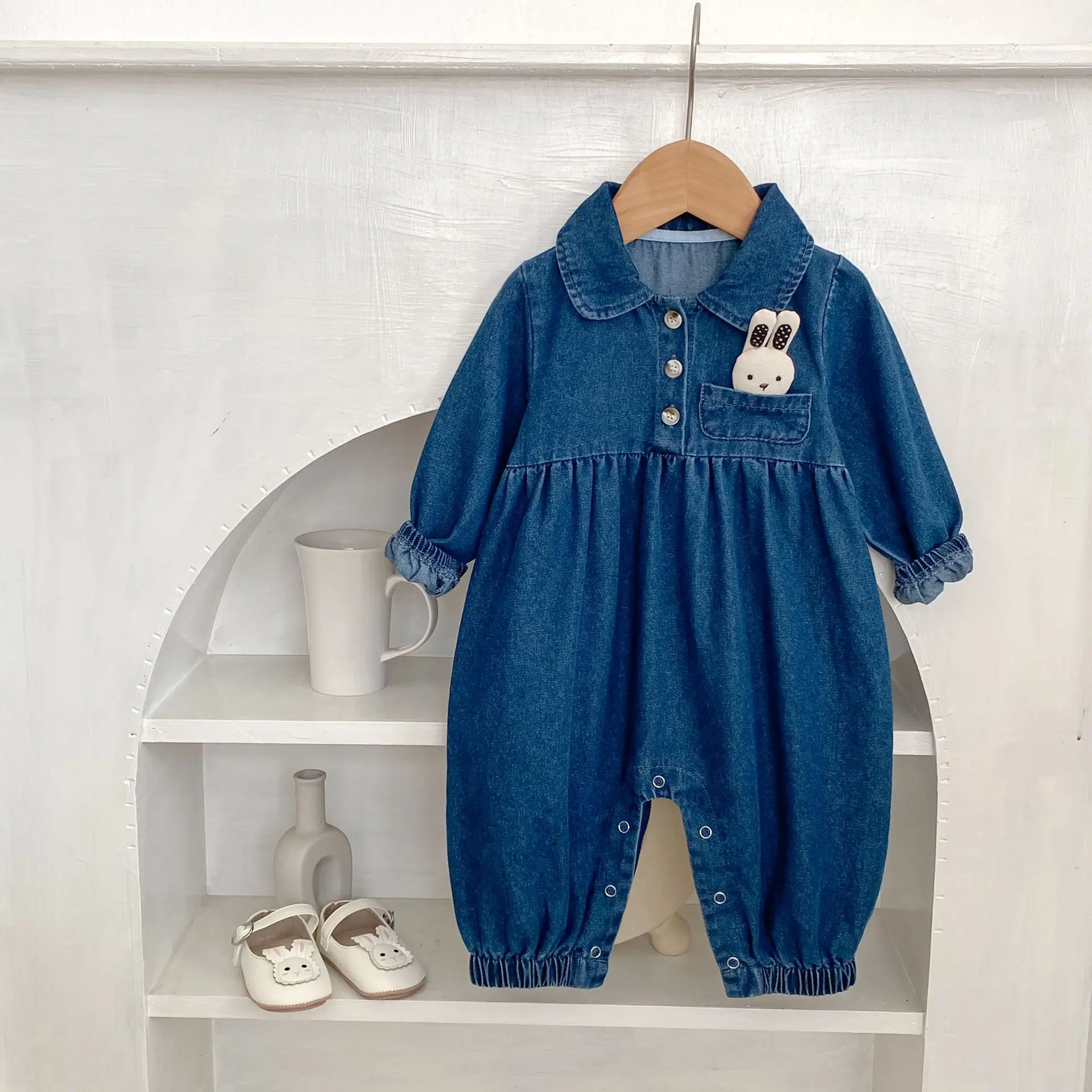 ‌2025 Autumn Baby Denim Overalls Korean Style Peter Pan Collar Infant Jumpsuit Long Sleeve for Boys Girls Playsuit