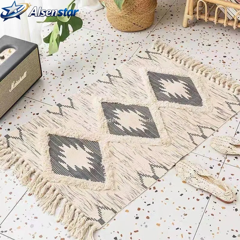 Retro Bohemian Hand Woven Cotton Linen Carpet Tassel Bedside Rug Geometric Floor Mat Living Room Bedroom Home Decoration AreaRug