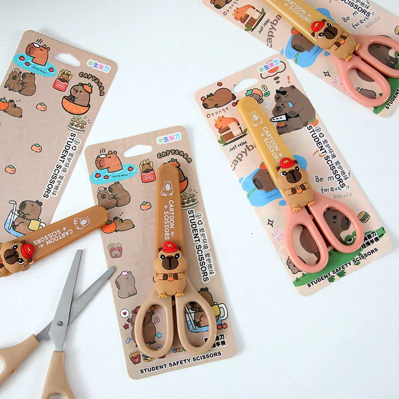 3/1 قطعة مقص قرطاسية كابيبارا لطيف رأس مستدير آمن من الفولاذ المقاوم للصدأ مقص فني قاطع الورق مع حافظة واقية