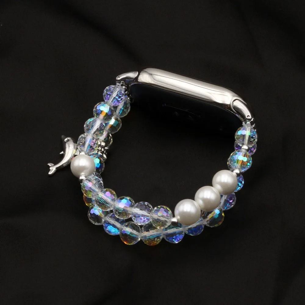 White Bling Crystal Women Bracelet for Xiaomi Smart Band 8/9 Miband Beaded Wristband with Cute Metal Dolphin Charms