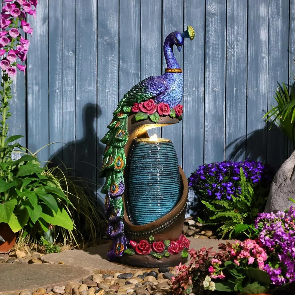 

Outdoor Water Fountain 32" H Cascading Peacock Waterfall Fountain with LED Lights & Pump Tiered Water Feature for, Customized