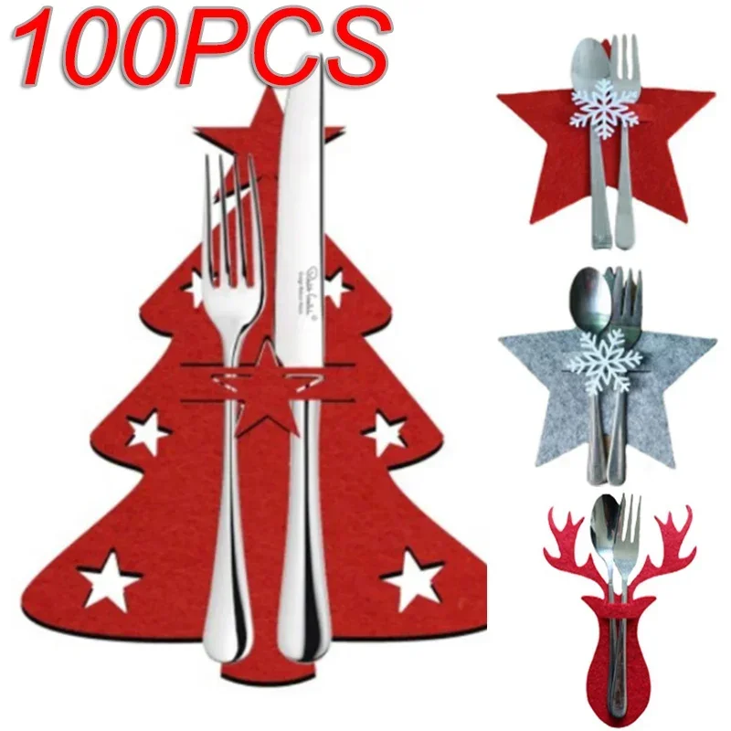 Christmas Tree Cutlery Knife Fork Covers Table Decor Elk Xmas Tableware Pocket Holder Bags New Year  Party Decorations