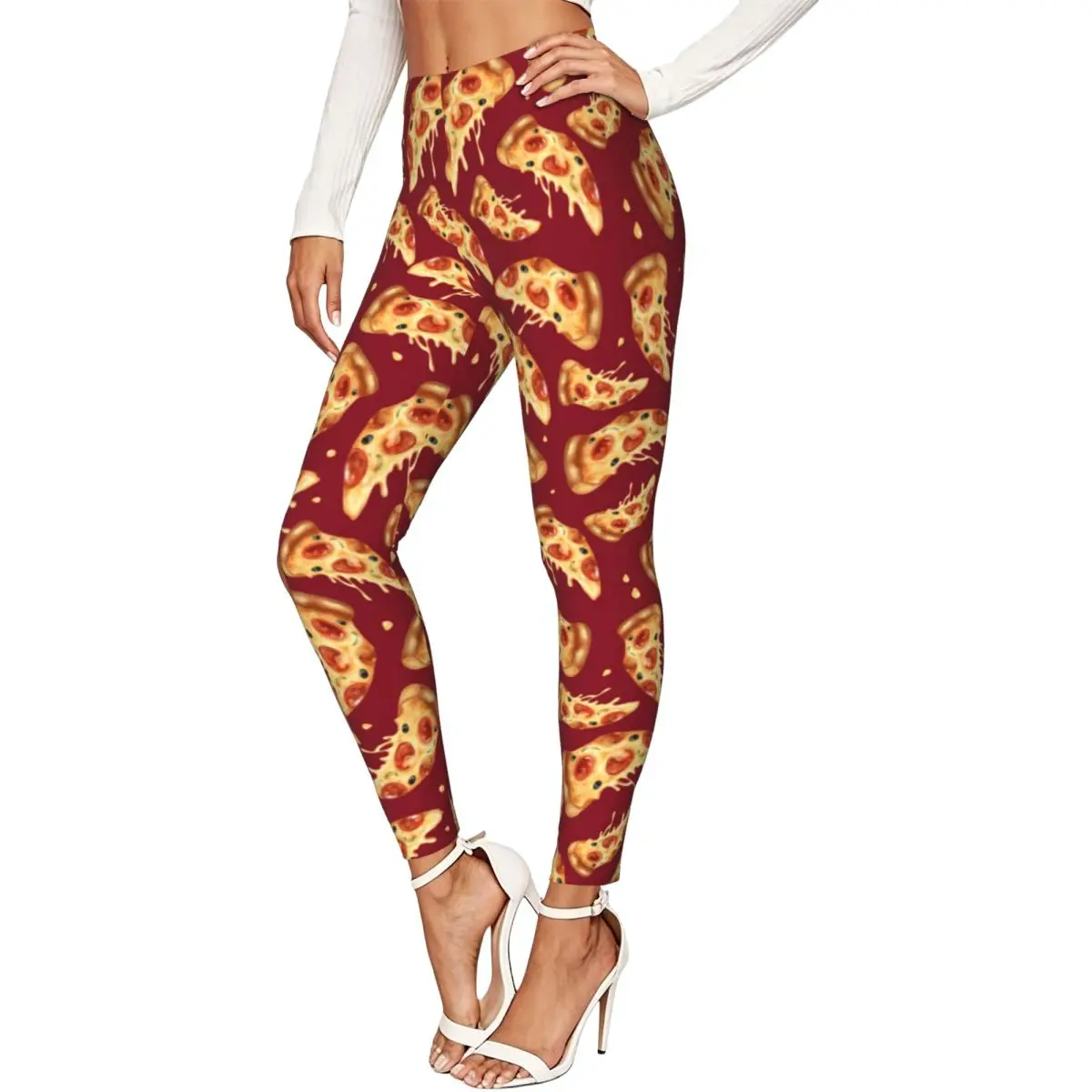 Ladies Elastic Waist Skinny Leggings Pepperoni Pizza Pattern Trousers For Daily Outdoor
