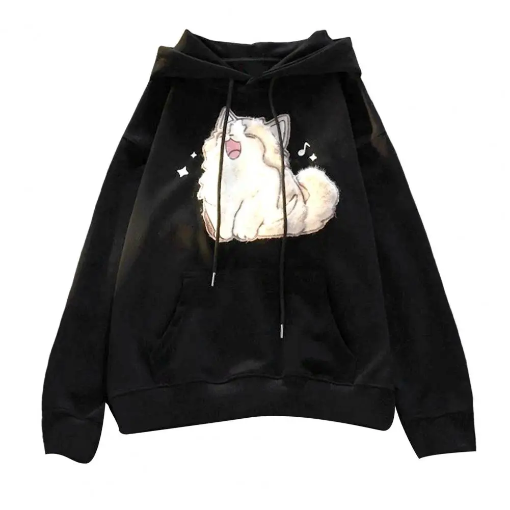 

Oversized Hoodie Cozy Cat Embroidered Fleece Hoodie for Women Oversized Pullover with Drawstring Hood Patch Pockets Warm Winter