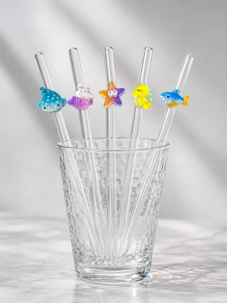 3/10PCS Ocean‑Theme Decor Reusable Bent Glass Straw, Kitchen Outdoor Party Wedding, Holiday Gift for Family Friends