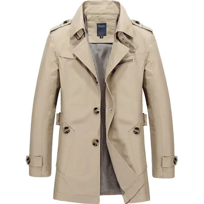 Men's Spring Autumn Casual Cotton Trench Coat Male Fashion Lapel Single-breasted Mid-long Overcoat Business Windbreaker