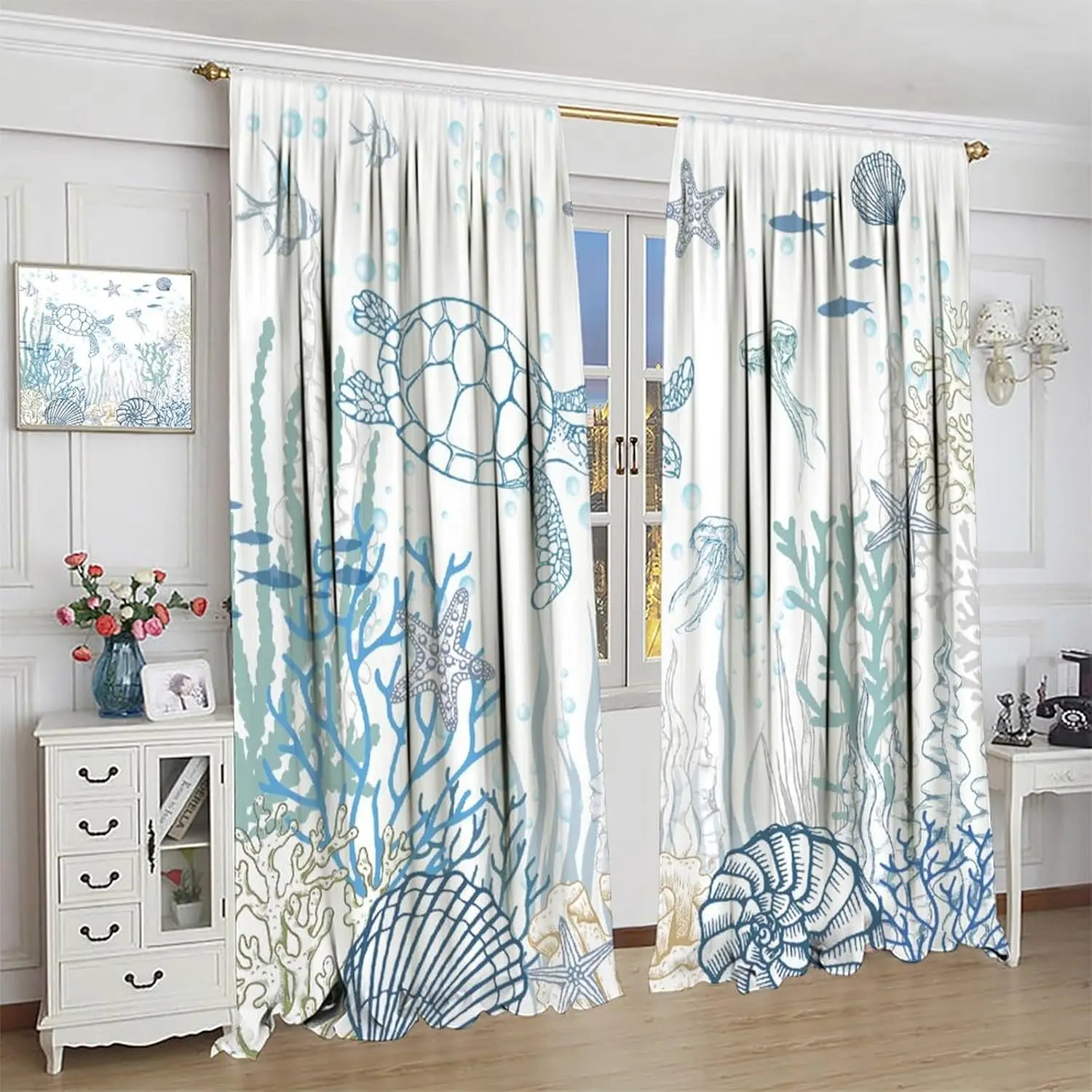 Nautical Turtle Curtains, Coastal Sea Ocean Theme Coral Starfish Seashell Jellyfish Undersea Life Window Curtains Kids Bedroom