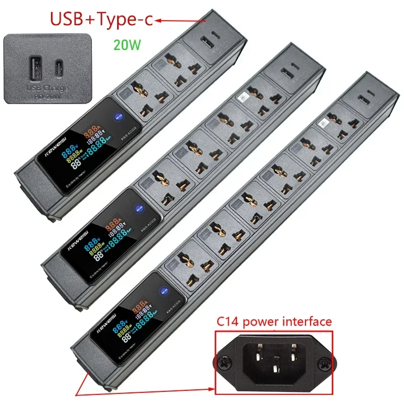 Smart Power Strip Distribution Unit C14 interface USB+Type-C 2/8Ways Universal Socket Digital Ampermeter Voltmeter Power Energy