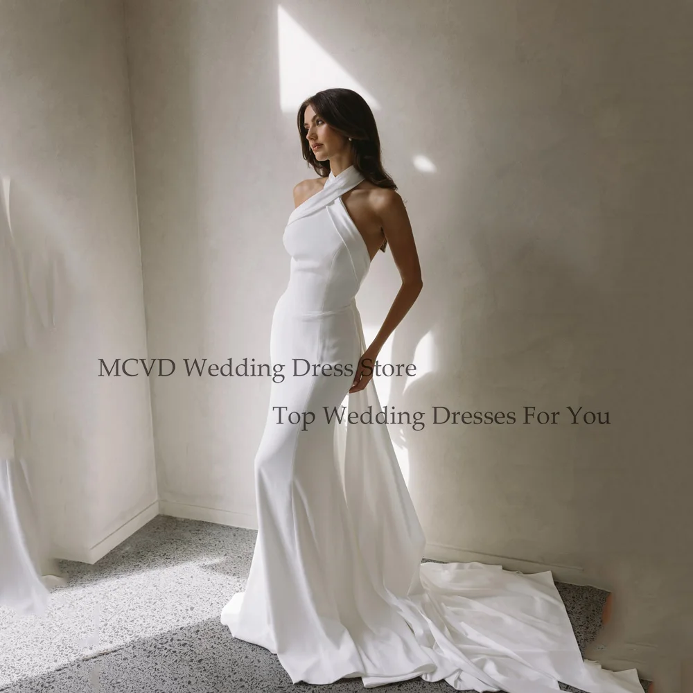 

MCDV Simple Mermaid Satin Wedding Dresses Photoshoot Strapless Halter Neck Backless Bridal Gowns Garden Bride Dress Customized