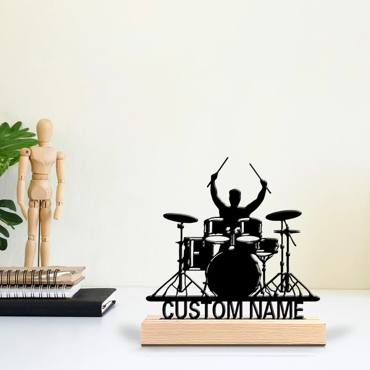 1pc Fashion Personalized Custom Drum Kit Metal Statues Metal Art With Wooden Base Perfect For Musicians, Valentine Is, Rock N Ro